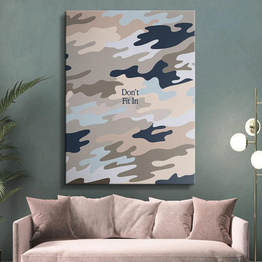 Angled view highlighting the depth of the navy and pale pink patches in 'Don't Fit In'.