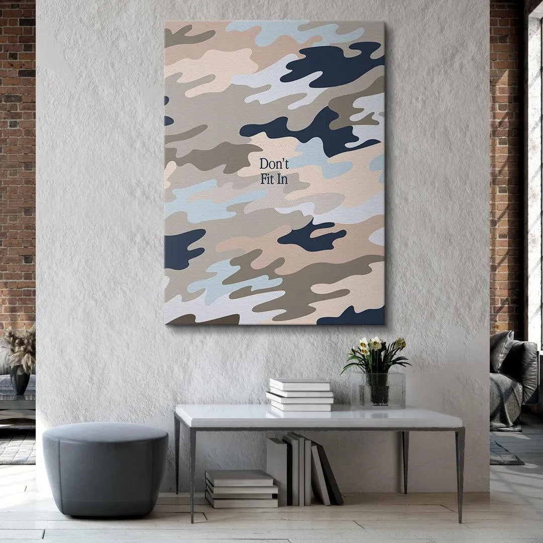 Digital mockup showing the scale and impact of the large format 'Don't Fit In' canvas art.