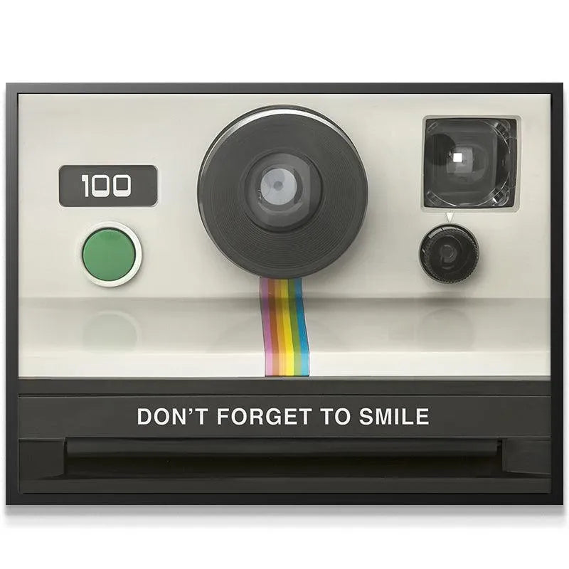 Square format, centered view of the retro camera print instructing the viewer: Don't Forget To Smile.