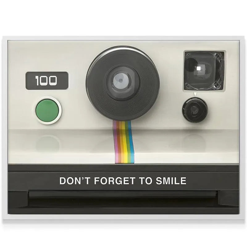 High-contrast detail of the green shutter button and '100' counter next to the phrase Don't Forget To Smile.