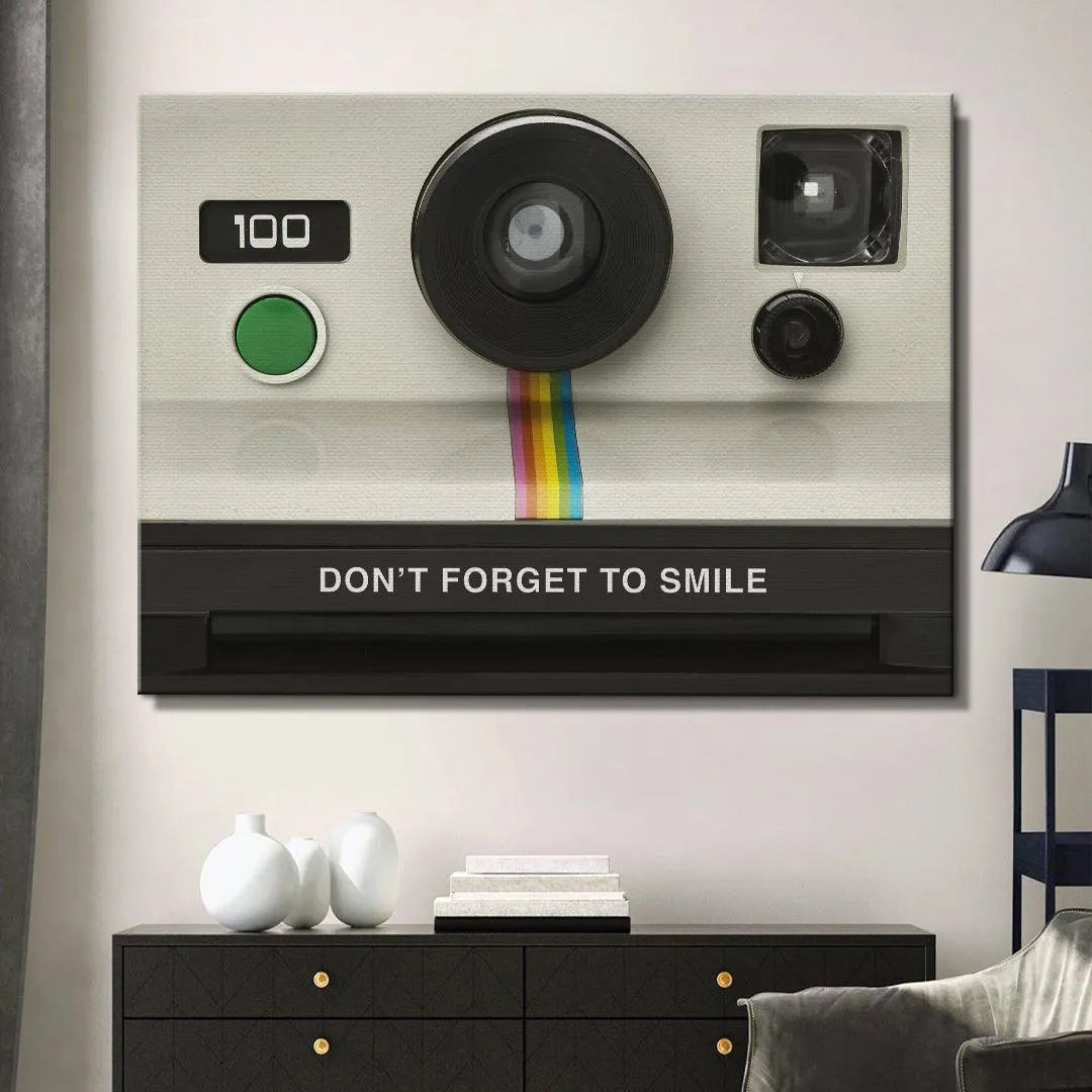 Texture simulation of the glossy camera surface featuring the uplifting reminder, Don't Forget To Smile.