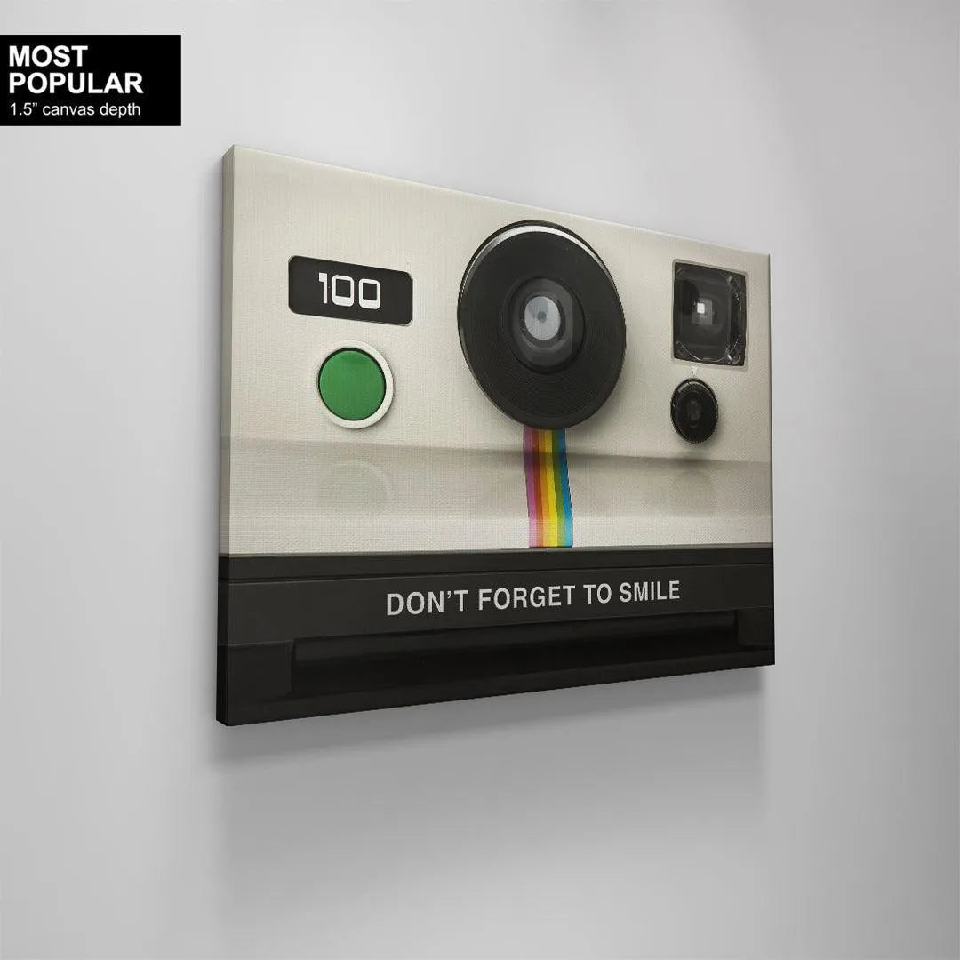 Modern wall art angle of the classic camera design emphasizing the message: Don't Forget To Smile.
