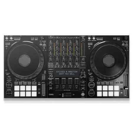 Full view of the black 4-channel DJ controller emphasizing the 'Don't Mix Well' display text.