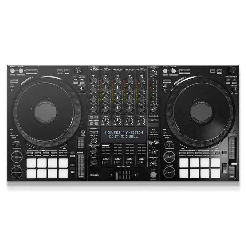 Full view of the black 4-channel DJ controller emphasizing the 'Don't Mix Well' display text.