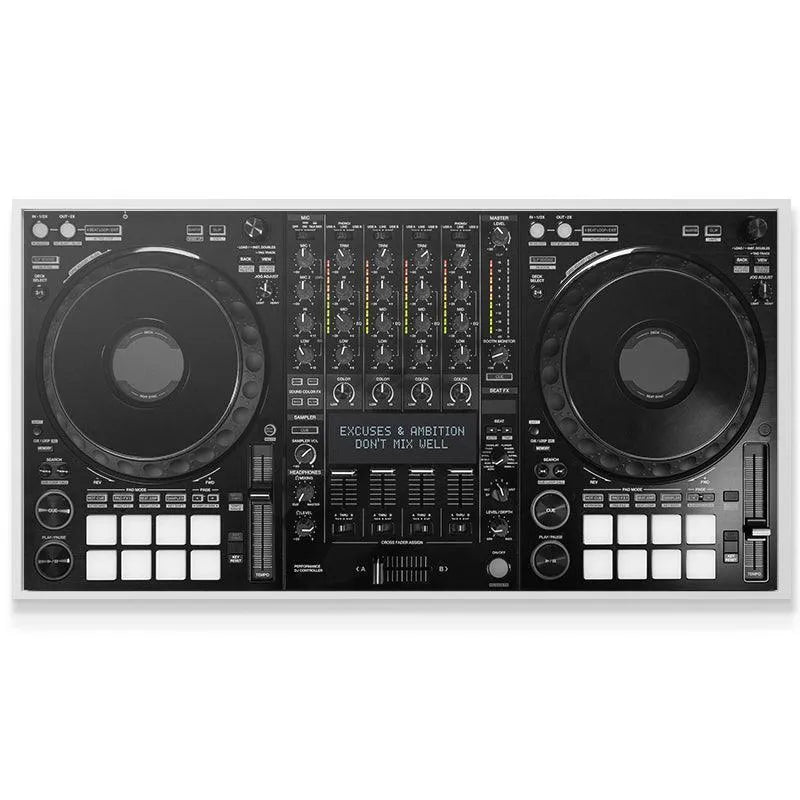 Top-down angle of the dual jog wheels and mixing section, reminding users that excuses 'Don't Mix Well'.