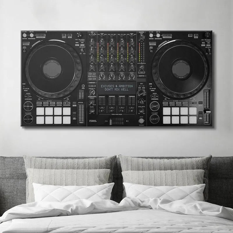 Focus on the precise faders and knobs near the central screen displaying the powerful mantra 'Don't Mix Well'.
