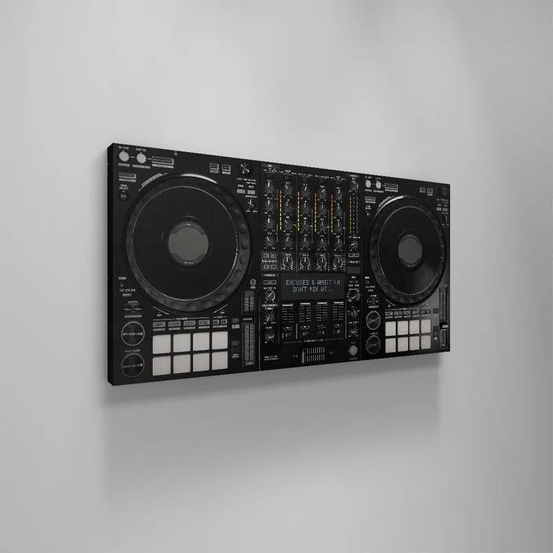 Wide shot highlighting the full array of controls on the mixer where excuses and ambition 'Don't Mix Well' on the path to success.