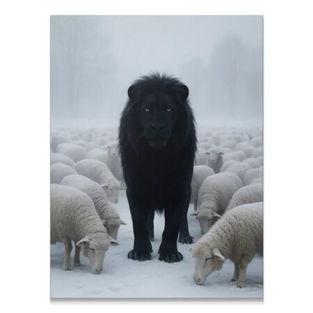 Full vertical shot of the black lion and surrounding sheep in the snow, illustrating the tense moment captured by 'Don't Move'.