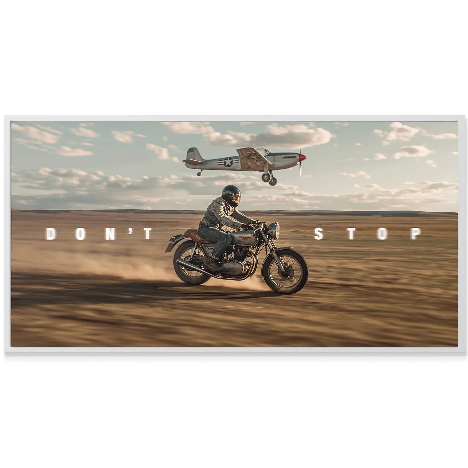 High-angle perspective showing the propeller plane's fuselage markings and the motorcycle below, titled 'Don't Stop Racing'.