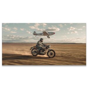 Full shot of the dusty desert race between the motorcyclist and plane, titled 'Don't Stop Racing - No Quote'.