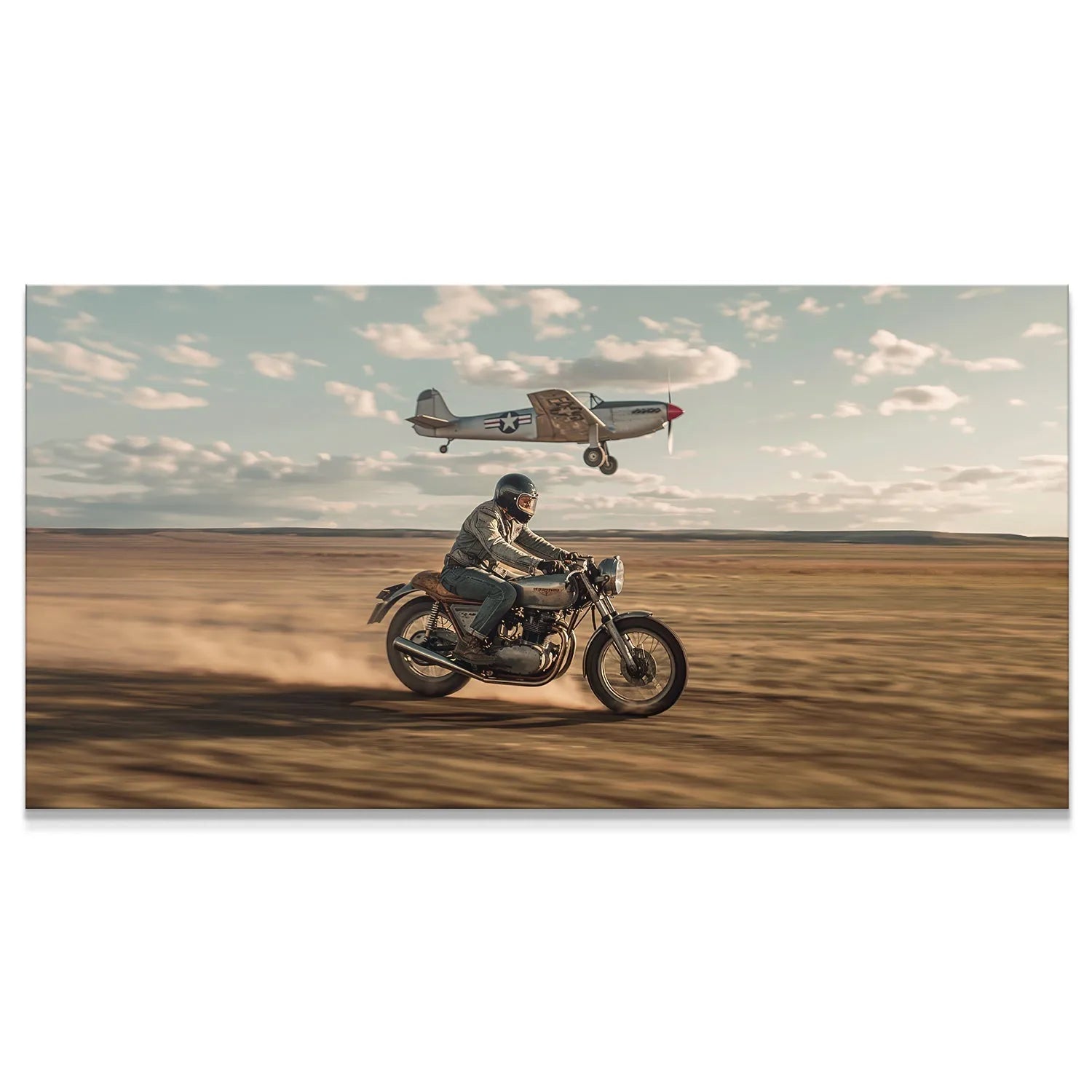 Full shot of the dusty desert race between the motorcyclist and plane, titled 'Don't Stop Racing - No Quote'.