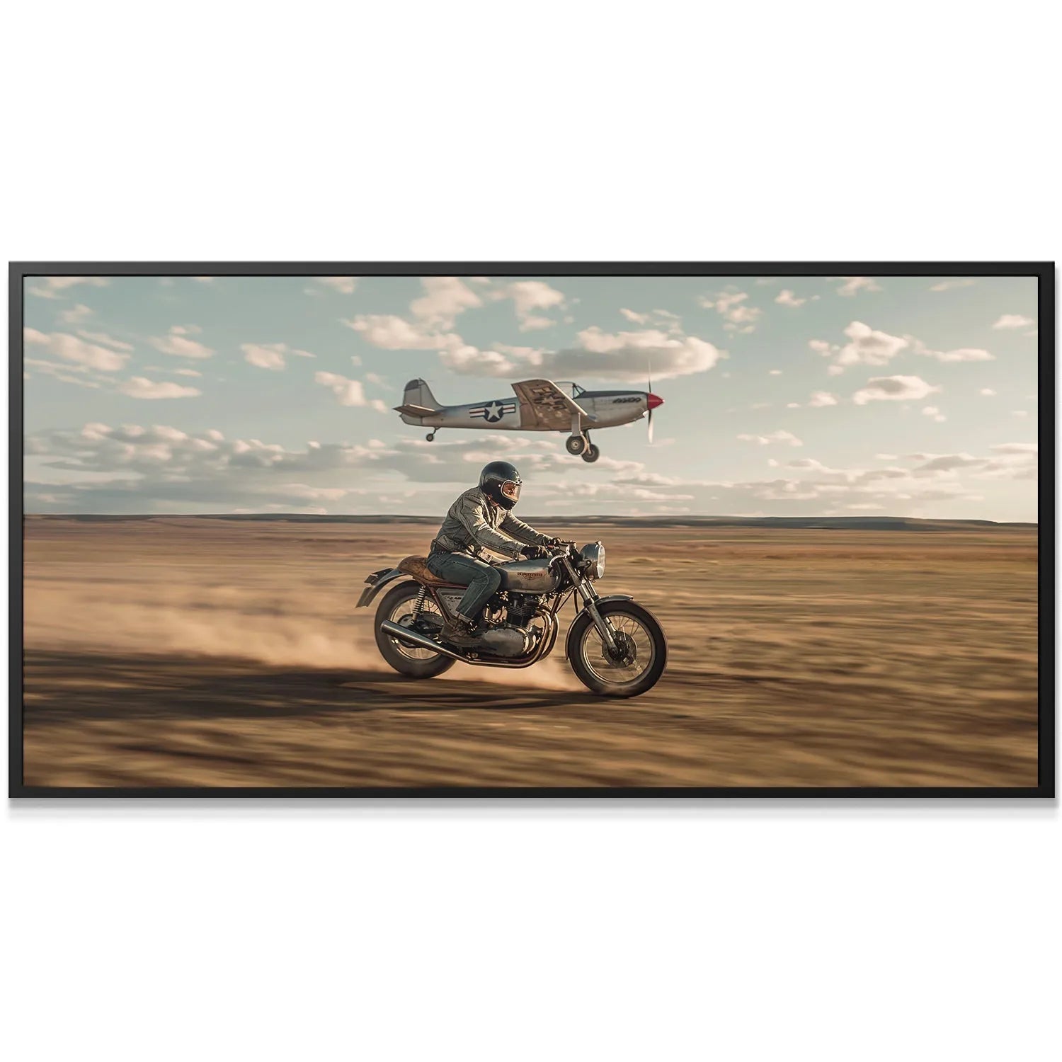 Close-up of the vintage motorcycle kicking up sand, detailing the mechanics of 'Don't Stop Racing - No Quote'.