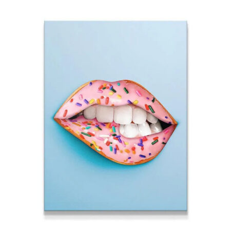 Close-up texture of the pink frosting and colorful sprinkles on the Donut Lips artwork.