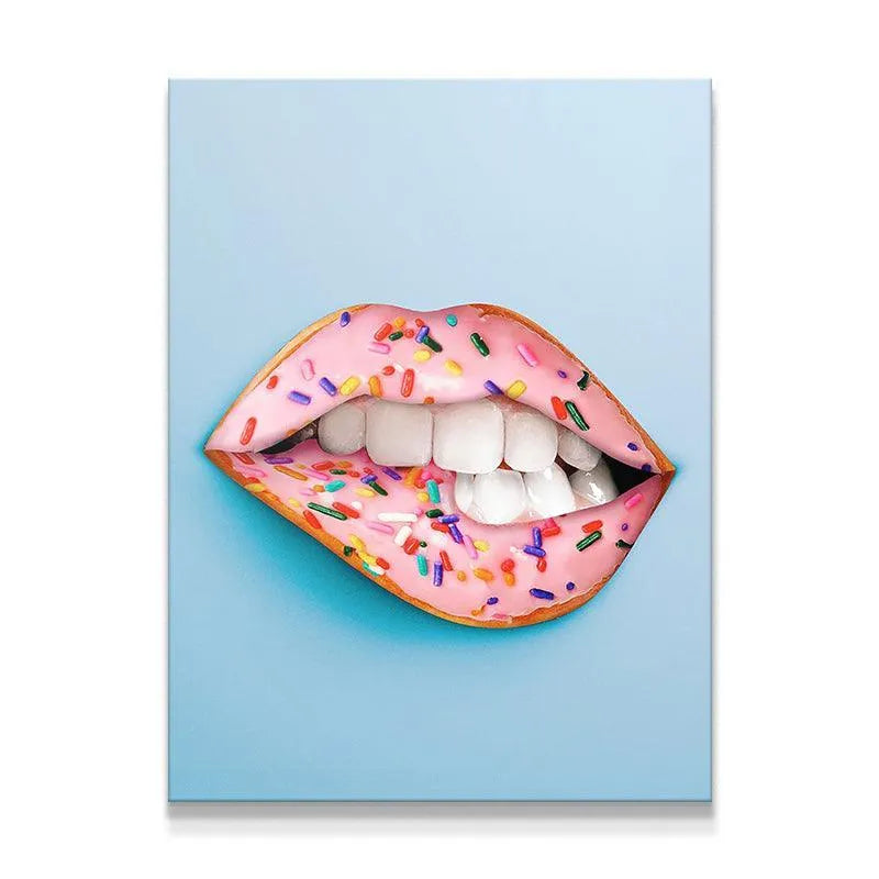 Close-up texture of the pink frosting and colorful sprinkles on the Donut Lips artwork.