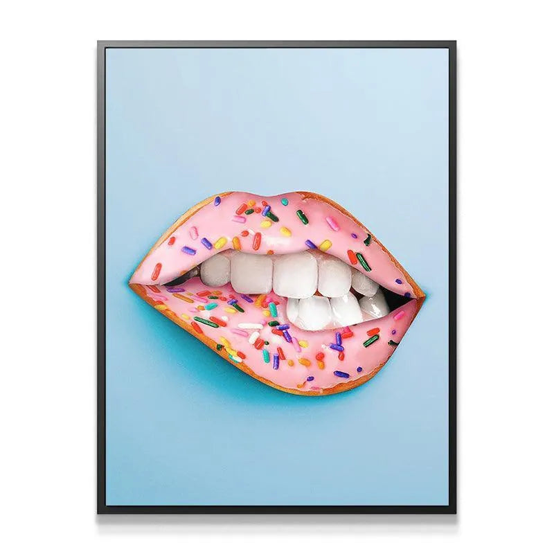 Surreal pop art print showing the sugary, sweet texture of Donut Lips against a sky blue backdrop.