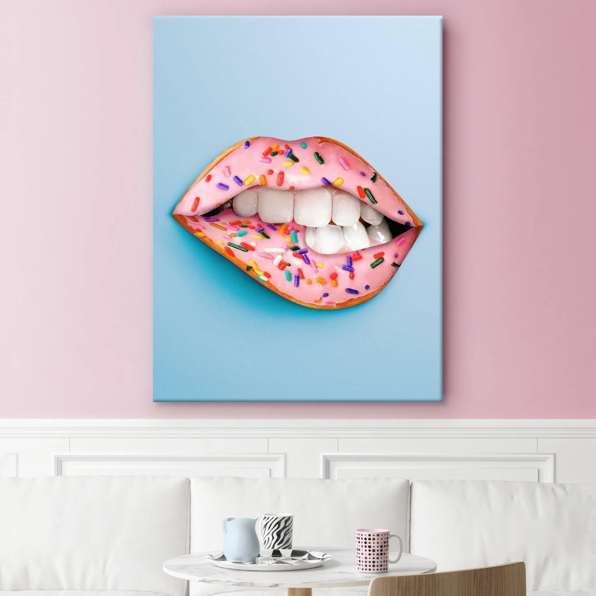 Detailed studio shot highlighting the glossy finish and bright colors of the Donut Lips canvas.