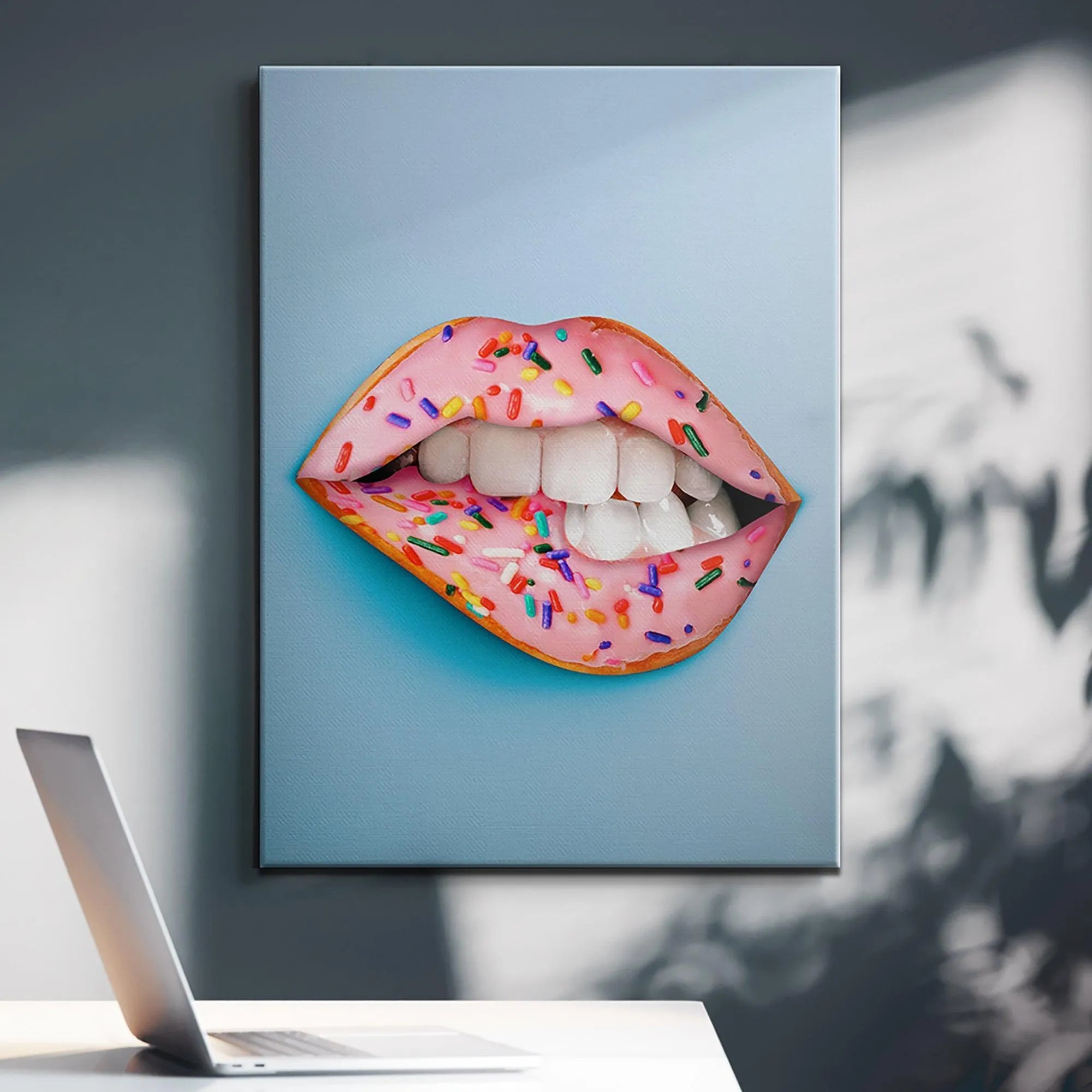 Lifestyle image of the Donut Lips poster bringing a playful vibe to a kitchen or dining area wall.