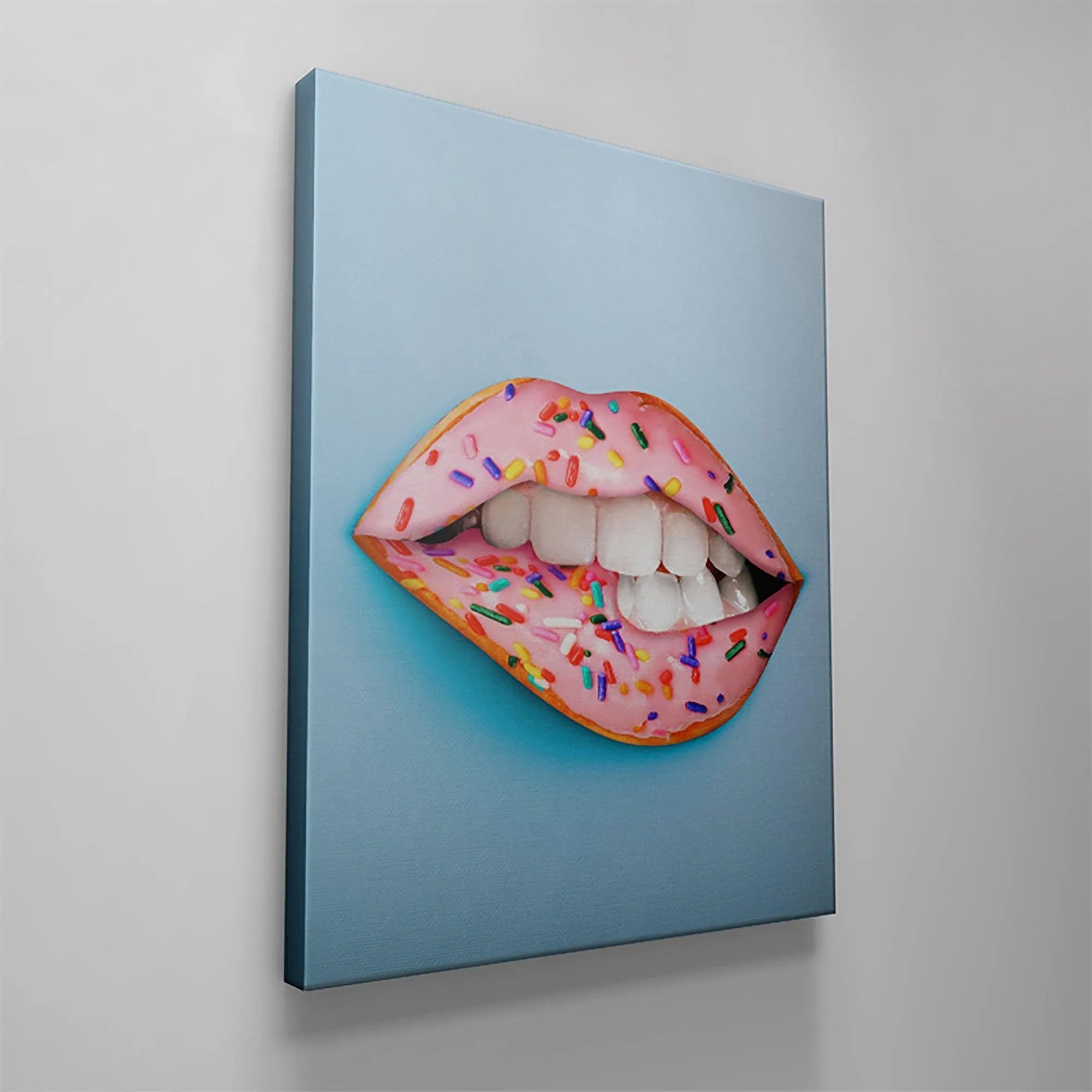 The captivating juxtaposition of white teeth and sprinkled pink lips captured in the Donut Lips art.