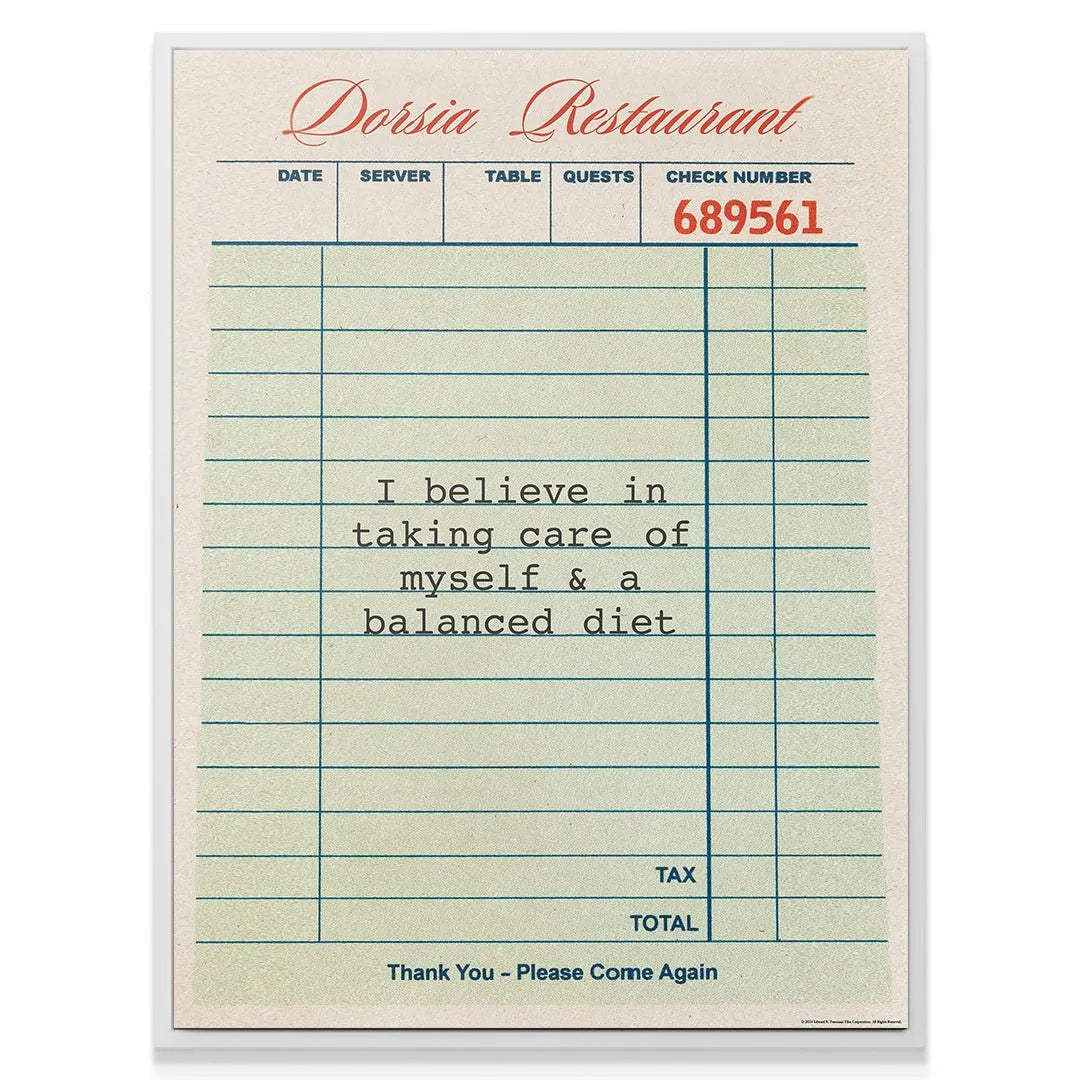 Vintage typography detail of the 'Dorsia Restaurant' title header on the Dorsia Check.