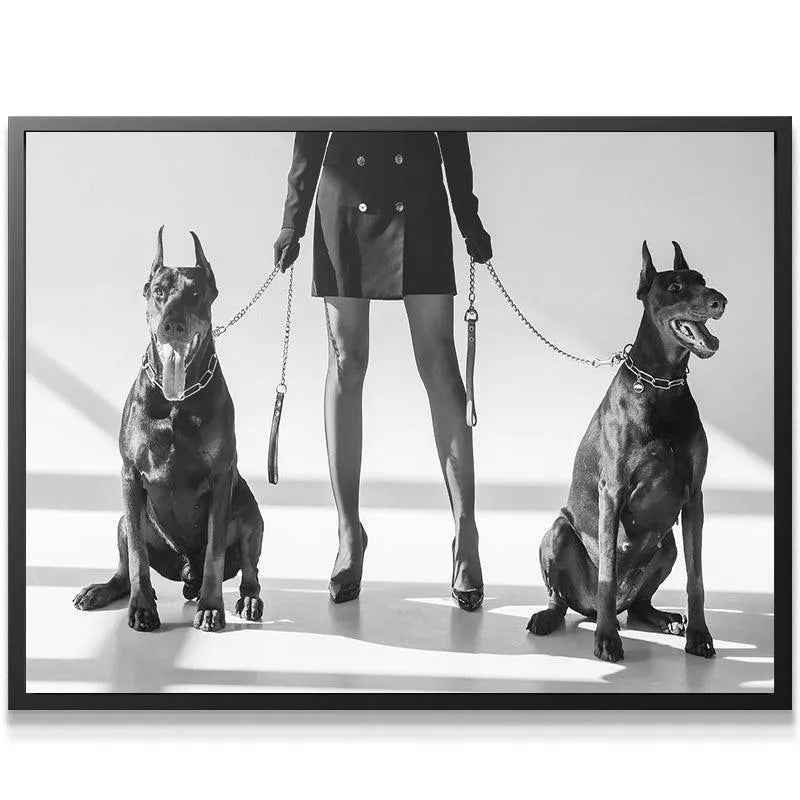 Close-up texture of the Doberman's sleek coat and the reflective chain collar in 'Double Crossed'.