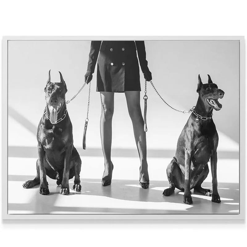 Angled view focusing on the woman's high heels and sheer stockings within the 'Double Crossed' artwork.