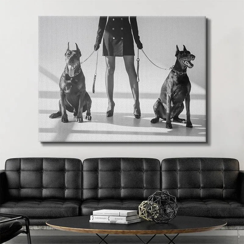 Lifestyle shot of the 'Double Crossed' print hung above a modern sofa in a minimalist living room setting.