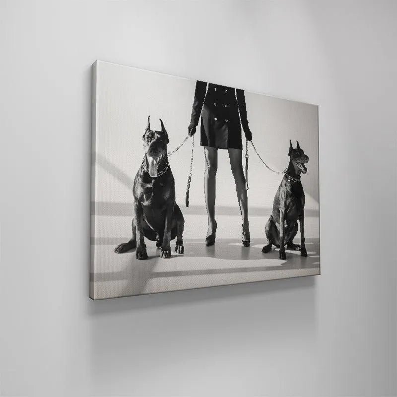 Monochromatic perspective highlighting the contrast between the dark figures and the bright white backdrop of 'Double Crossed'.