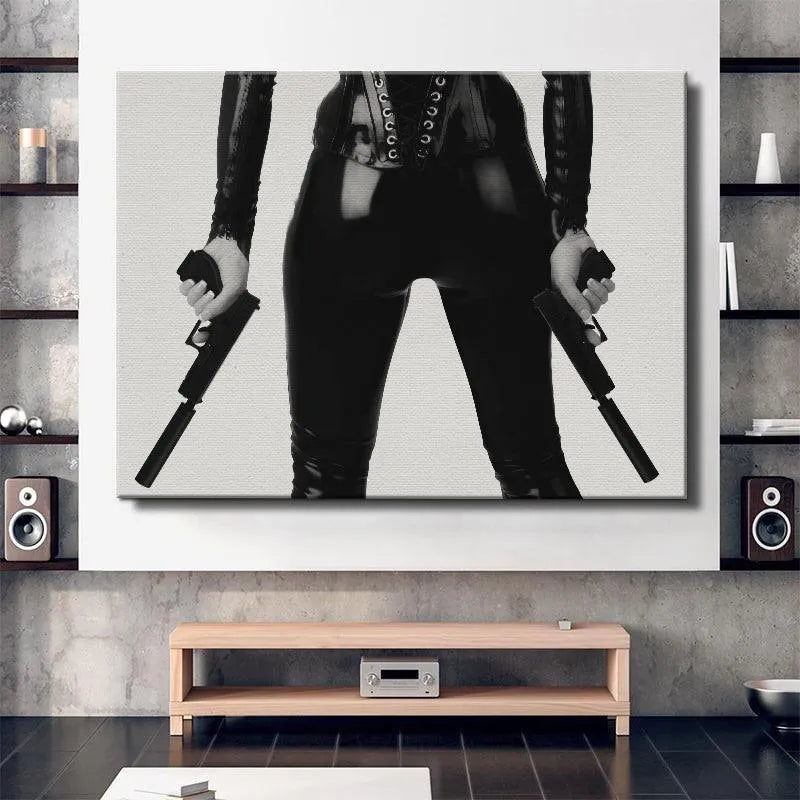 Monochromatic contrast of the secret agent against the white backdrop, titled 'Double Trouble'.