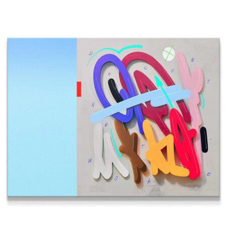 Full view showing the blue gradient juxtaposed with the complex 3D shapes of the Drawing Over 3D artwork.