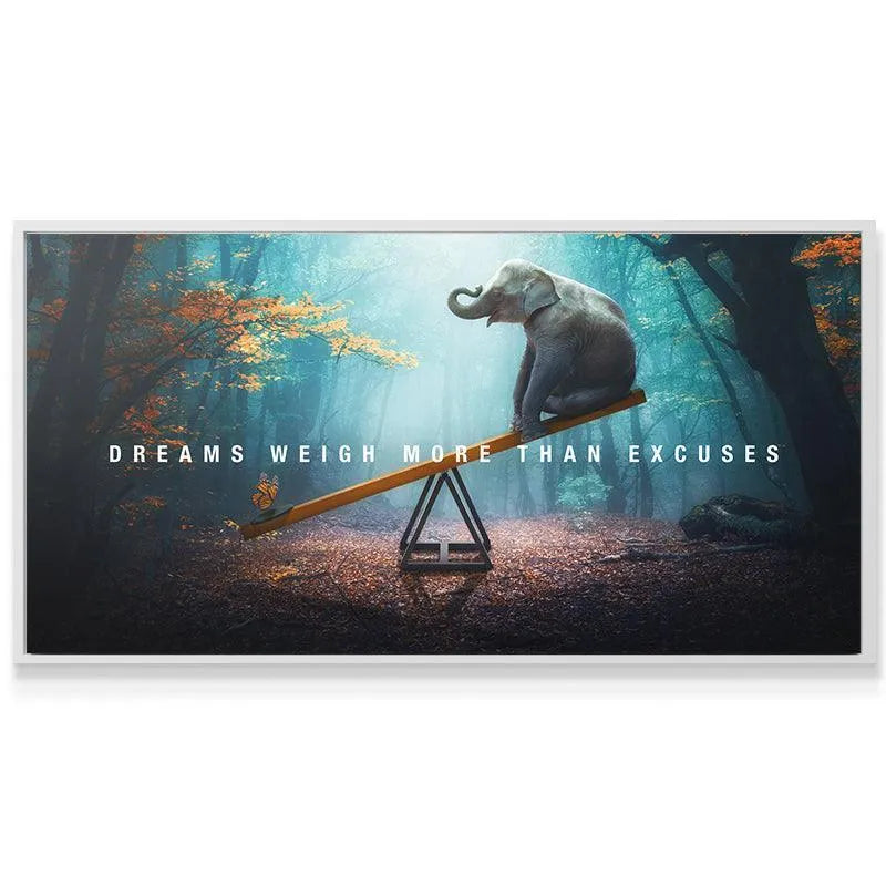 Low-angle perspective emphasizing the sheer scale of the elephant on the seesaw, reinforcing the theme 'Dreams Weigh More Than Excuses'.