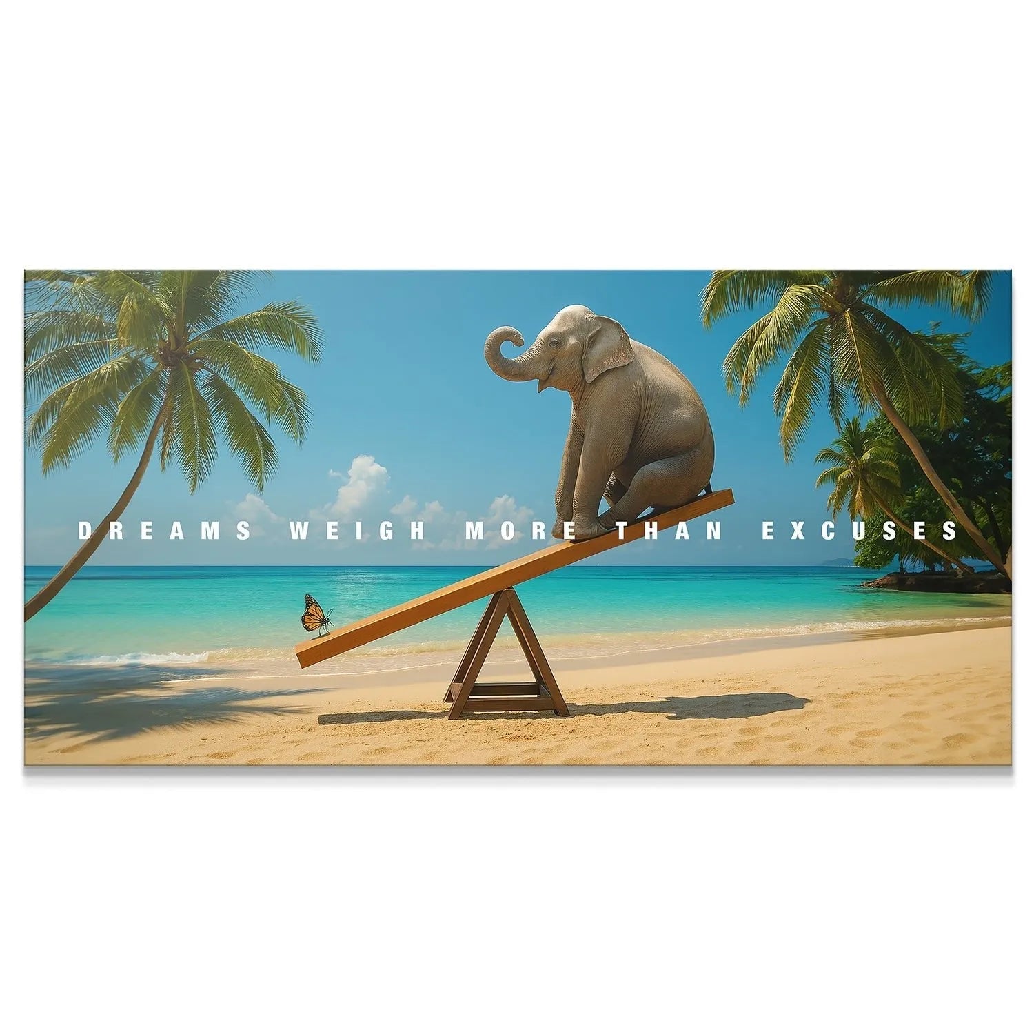 Wide shot of the elephant and butterfly seesaw on the beach, illustrating 'Dreams Weigh More Than Excuses - Island'.