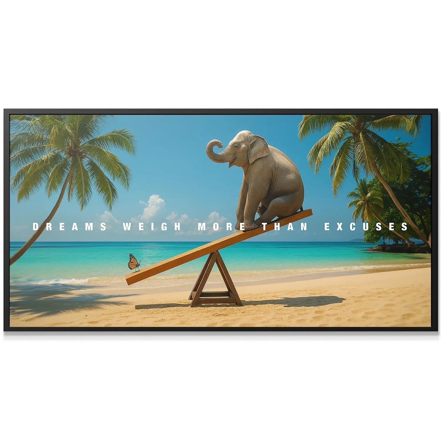 Close-up of the massive elephant on the seesaw's descending side, focusing on the weight of 'Dreams Weigh More Than Excuses - Island'.