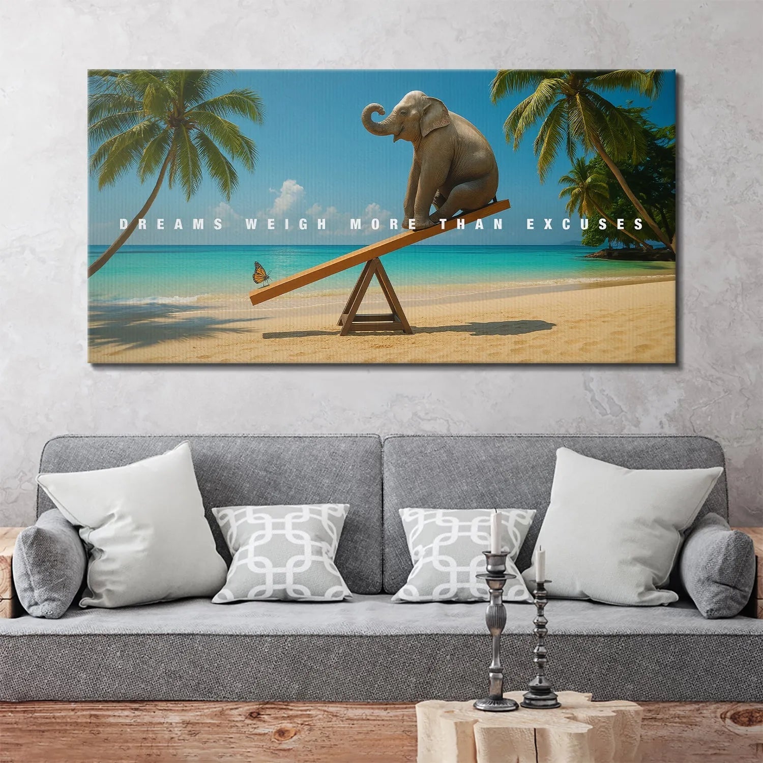 Tropical lifestyle image showing the canvas mounted in a modern office space, highlighting 'Dreams Weigh More Than Excuses - Island' decor.
