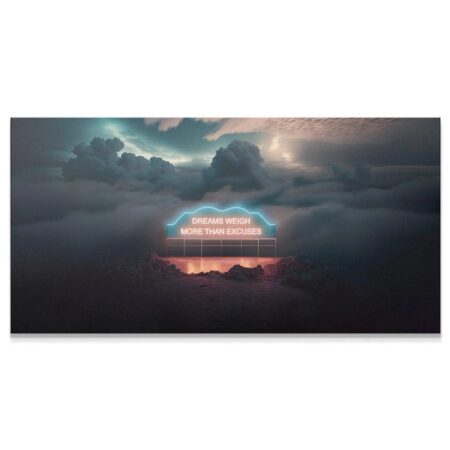 Close-up of the bright blue text detail on the Dreams Weigh More Than Excuses. (Neon Sign) artwork.