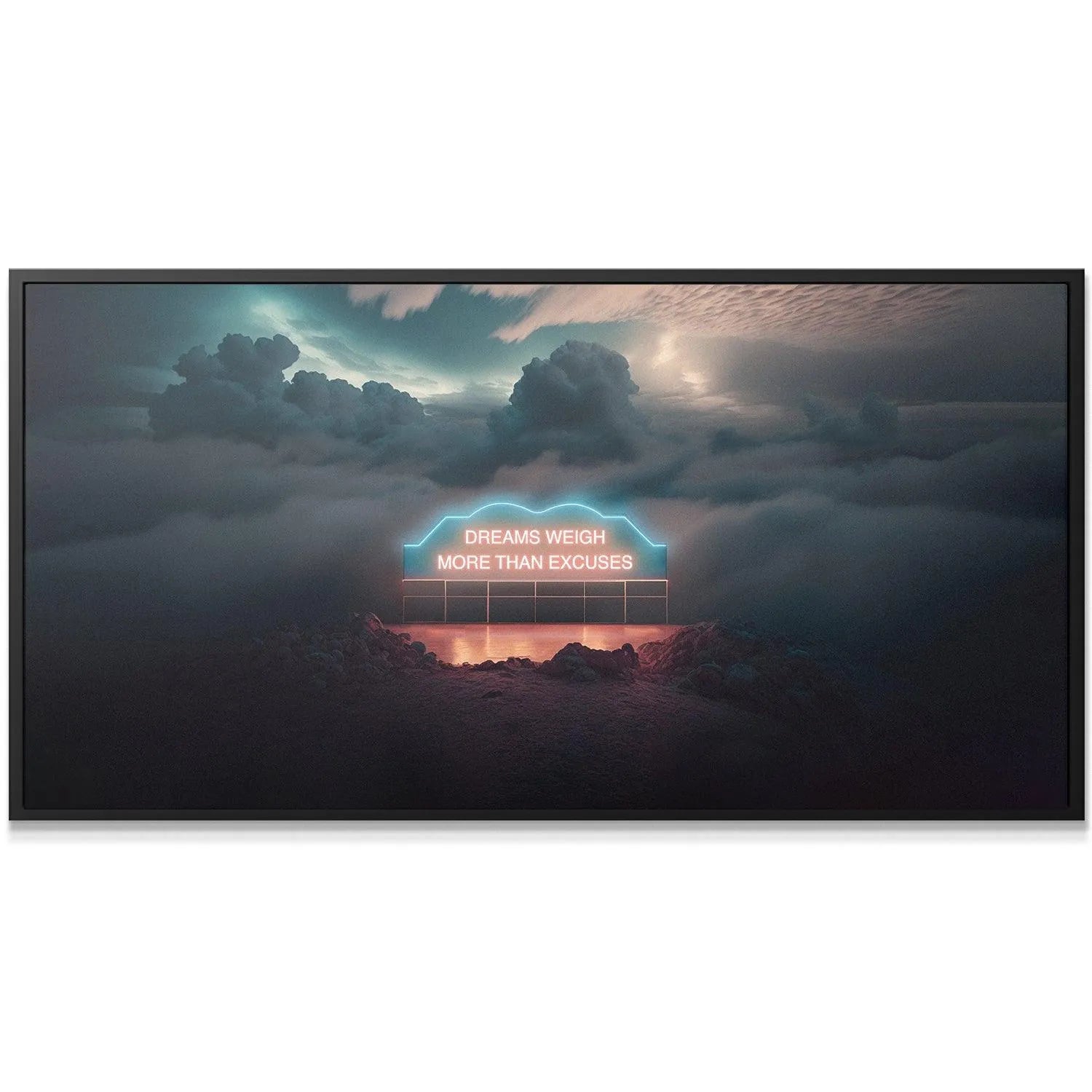 Low angle view of the glowing Dreams Weigh More Than Excuses. (Neon Sign) emerging dramatically from the dense clouds.