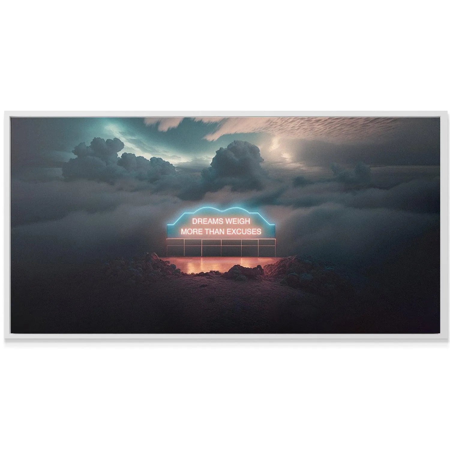 Lifestyle image showing the panoramic Dreams Weigh More Than Excuses. (Neon Sign) installed over a modern desk setup.