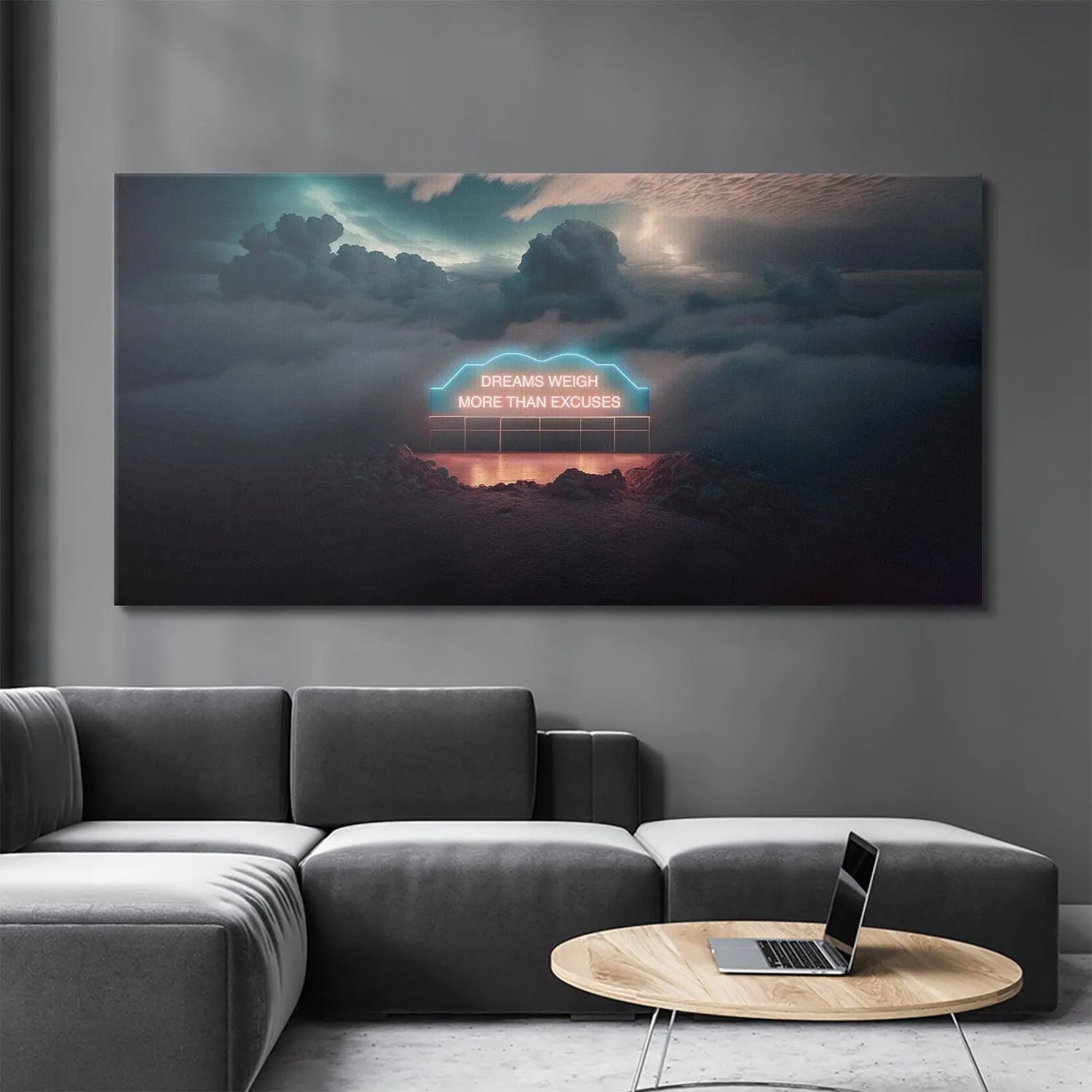 Wide shot emphasizing the vast, stormy sky background complementing the central Dreams Weigh More Than Excuses. (Neon Sign).