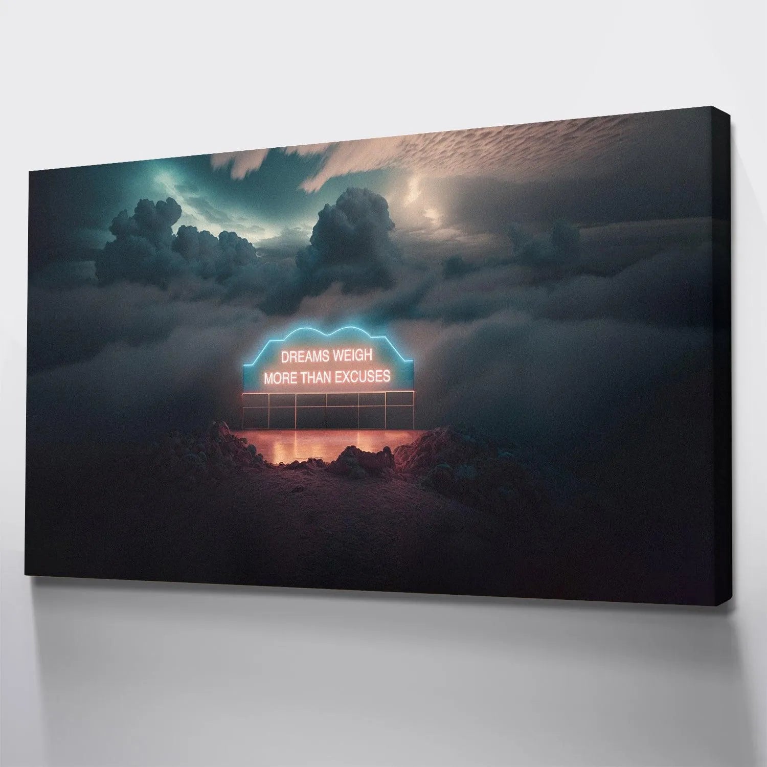 Digital art rendering of the ethereal landscape surrounding the electric Dreams Weigh More Than Excuses. (Neon Sign).