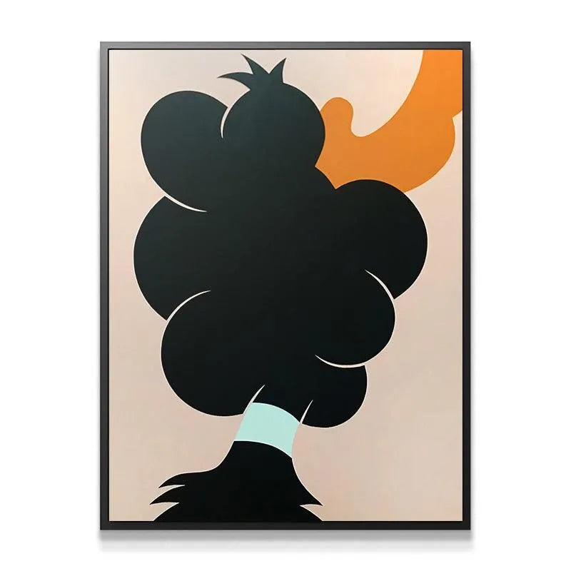 Full frontal view of Duffy showcasing the bold black, orange, and teal color palette against the beige background.