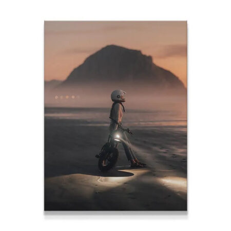 Full vertical view of the rider, bike, and mountain silhouette in the Dusk Patrol art print.