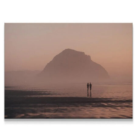 Full view of 'Dusk Walks' fine art print showcasing the two figures and hazy mountain at sunset.