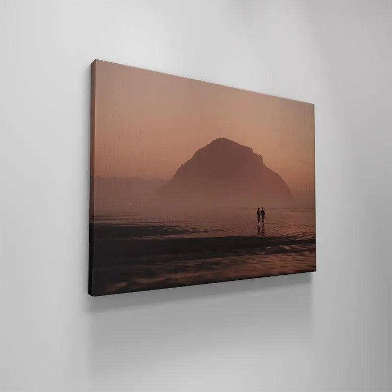 Canvas wrap texture highlighting the deep contrast of the silhouettes in the 'Dusk Walks' coastal scene.