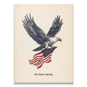 Full front view of the vintage illustration featuring the Bald Eagle carrying the US flag, captioned "Eagle - God Bless America."