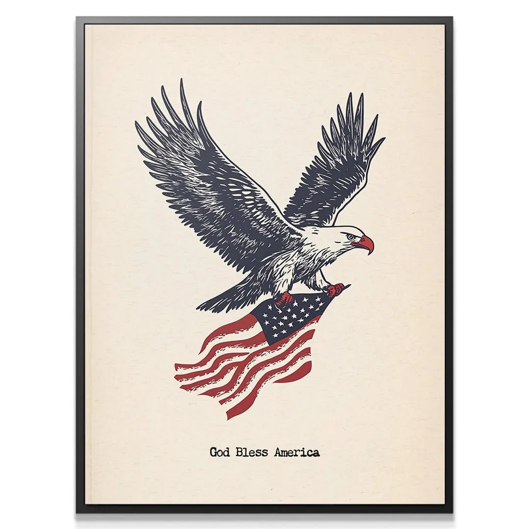 Close-up detail of the eagle's fierce head and red beak against the cream background, embodying "Eagle - God Bless America."