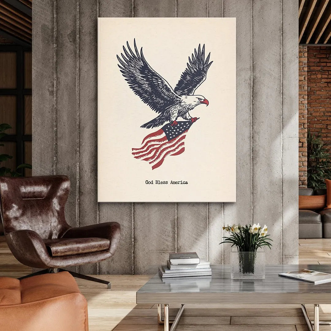 Low-angle perspective of the powerful, outstretched wings of the American symbol "Eagle - God Bless America."