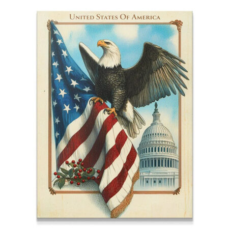 Full view vintage print of American flag, Capitol, and Bald Eagle in majestic Eagle - Pose.