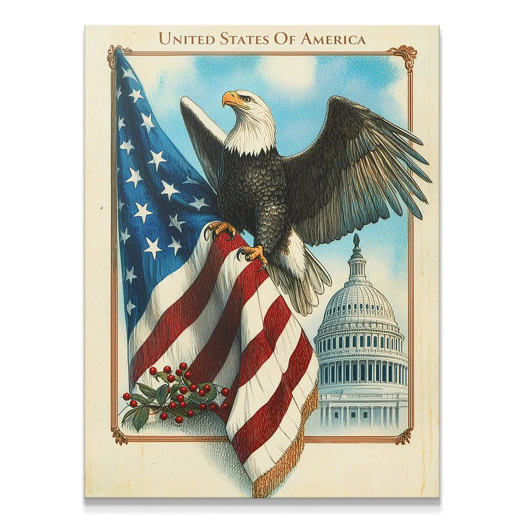 Full view vintage print of American flag, Capitol, and Bald Eagle in majestic Eagle - Pose.
