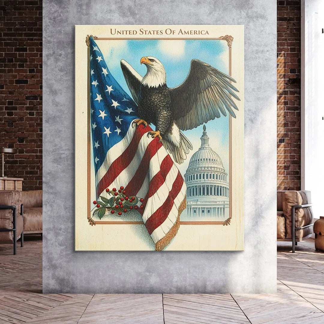 Alt text focusing on the eagle's talons gripping the fringed American flag, illustrating the powerful Eagle - Pose.