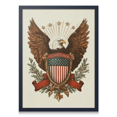 Full view of framed Vintage American Great Seal 'Eagle - Shield' artwork for office decor.
