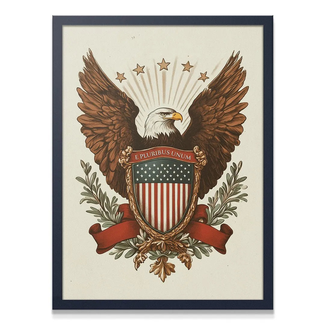 Full view of framed Vintage American Great Seal 'Eagle - Shield' artwork for office decor.